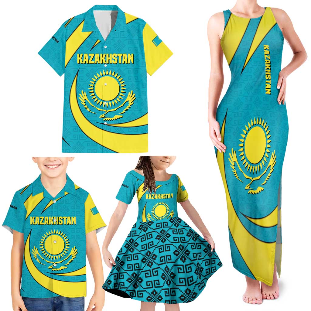 Kazakhstan National Flag Family Matching Tank Maxi Dress and Hawaiian Shirt with Mangilik El Bald Eagle and Blue Tribal Pattern
