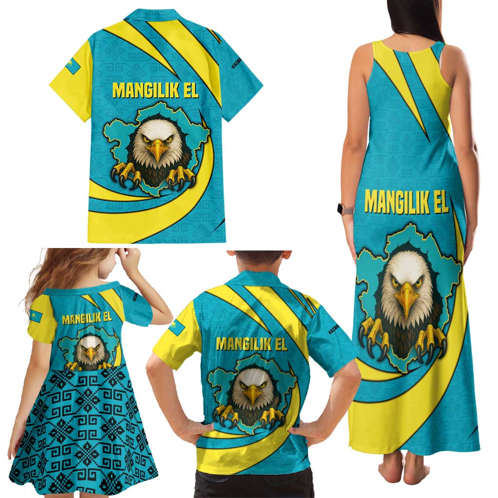 Kazakhstan National Flag Family Matching Tank Maxi Dress and Hawaiian Shirt with Mangilik El Bald Eagle and Blue Tribal Pattern