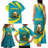 Kazakhstan National Flag Family Matching Tank Maxi Dress and Hawaiian Shirt with Mangilik El Bald Eagle and Blue Tribal Pattern