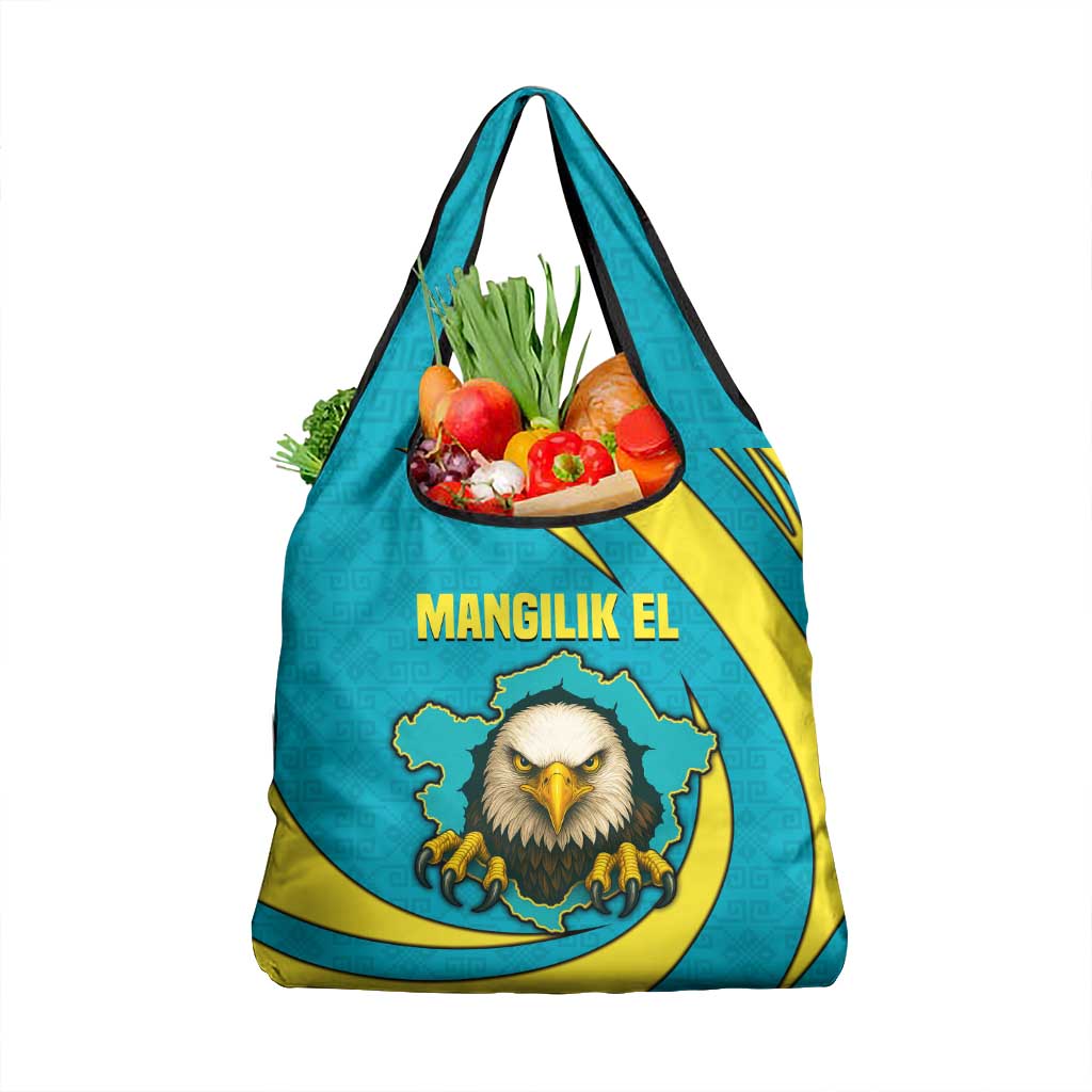 Kazakhstan National Flag Grocery Bag with Mangilik El Bald Eagle and Blue Tribal Pattern