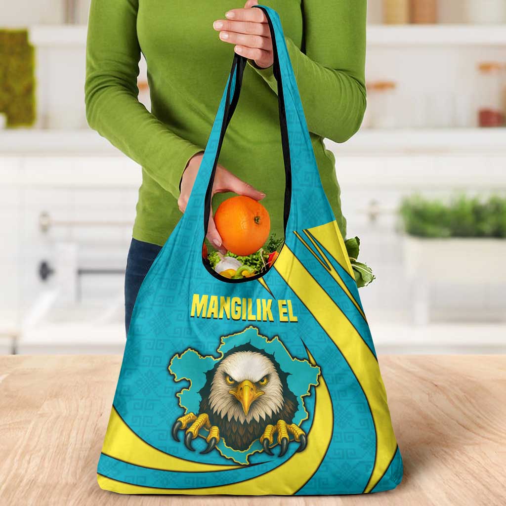 Kazakhstan National Flag Grocery Bag with Mangilik El Bald Eagle and Blue Tribal Pattern