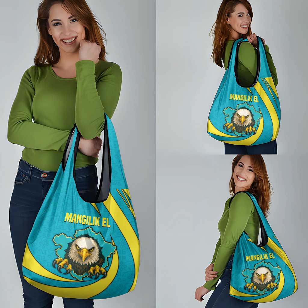 Kazakhstan National Flag Grocery Bag with Mangilik El Bald Eagle and Blue Tribal Pattern