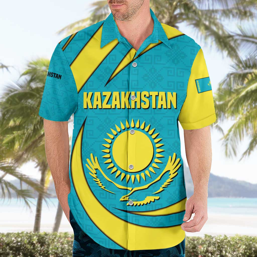 Kazakhstan National Flag Hawaiian Shirt with Mangilik El Bald Eagle and Blue Tribal Pattern