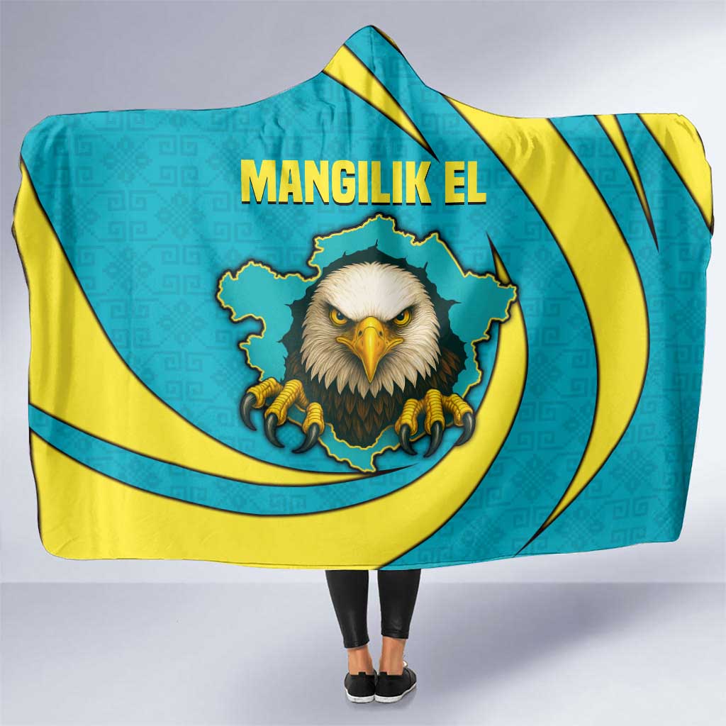 Kazakhstan National Flag Hooded Blanket with Mangilik El Bald Eagle and Blue Tribal Pattern