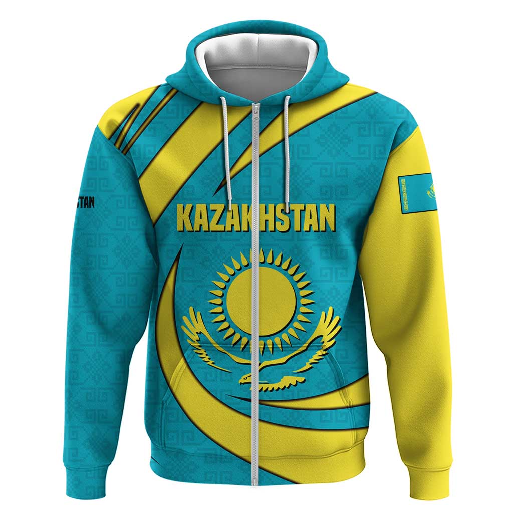 Kazakhstan National Flag Hoodie with Mangilik El Bald Eagle and Blue Tribal Pattern
