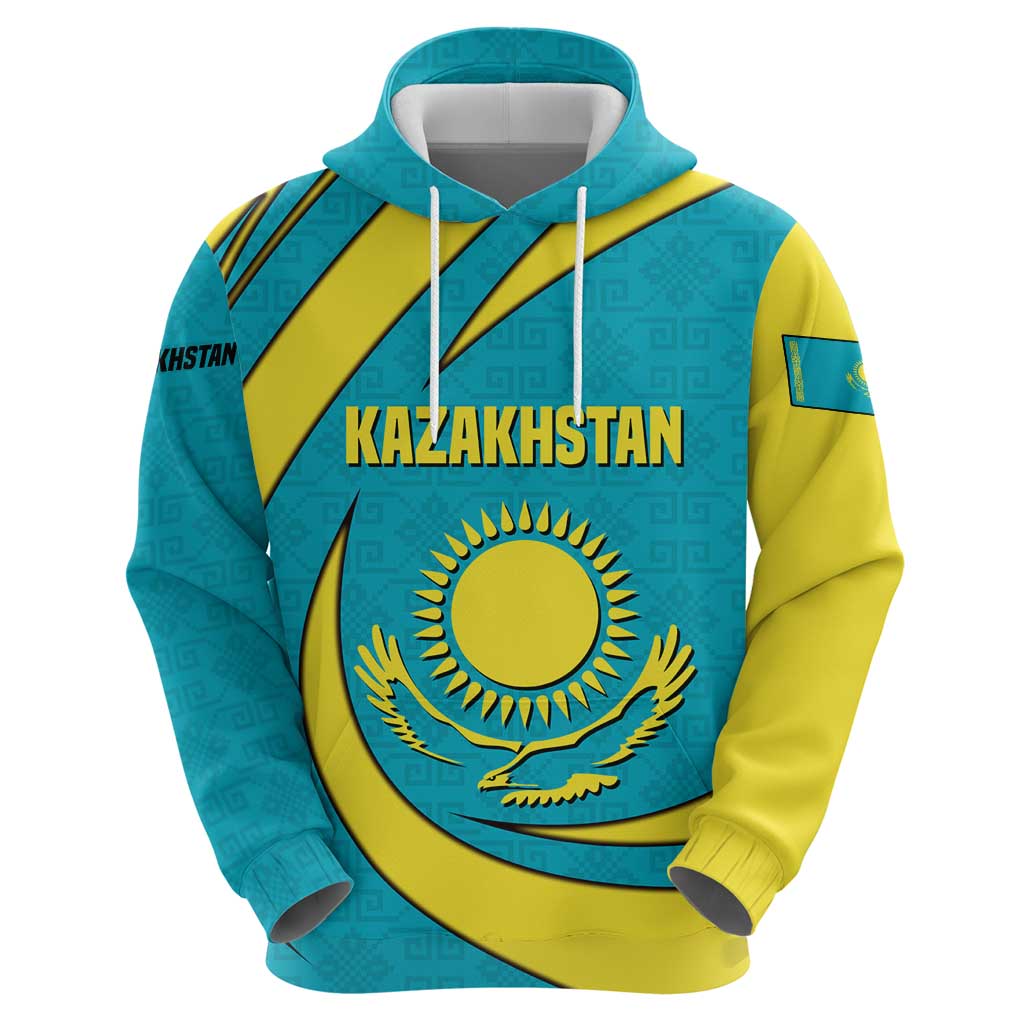 Kazakhstan National Flag Hoodie with Mangilik El Bald Eagle and Blue Tribal Pattern