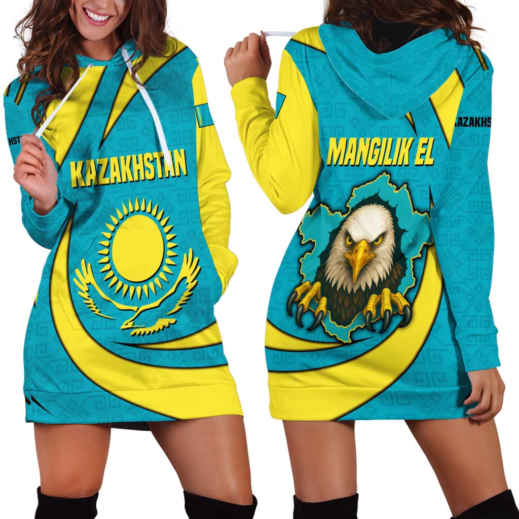 Kazakhstan National Flag Hoodie Dress with Mangilik El Bald Eagle and Blue Tribal Pattern