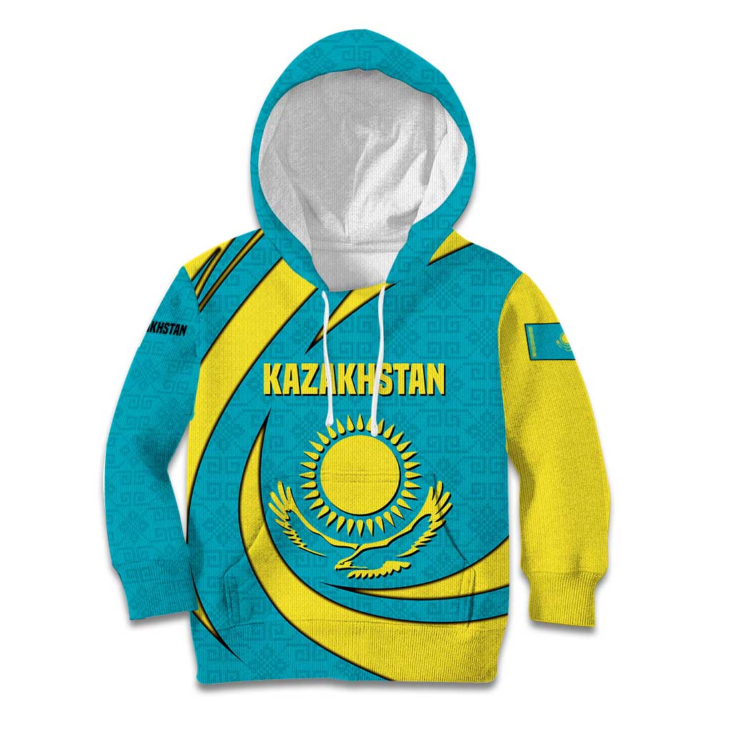 Kazakhstan National Flag Kid Hoodie with Mangilik El Bald Eagle and Blue Tribal Pattern