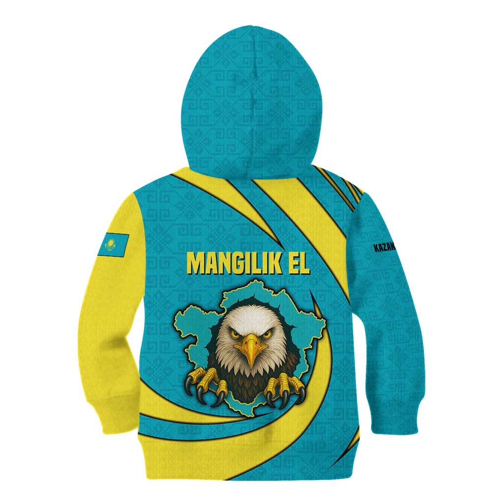 Kazakhstan National Flag Kid Hoodie with Mangilik El Bald Eagle and Blue Tribal Pattern
