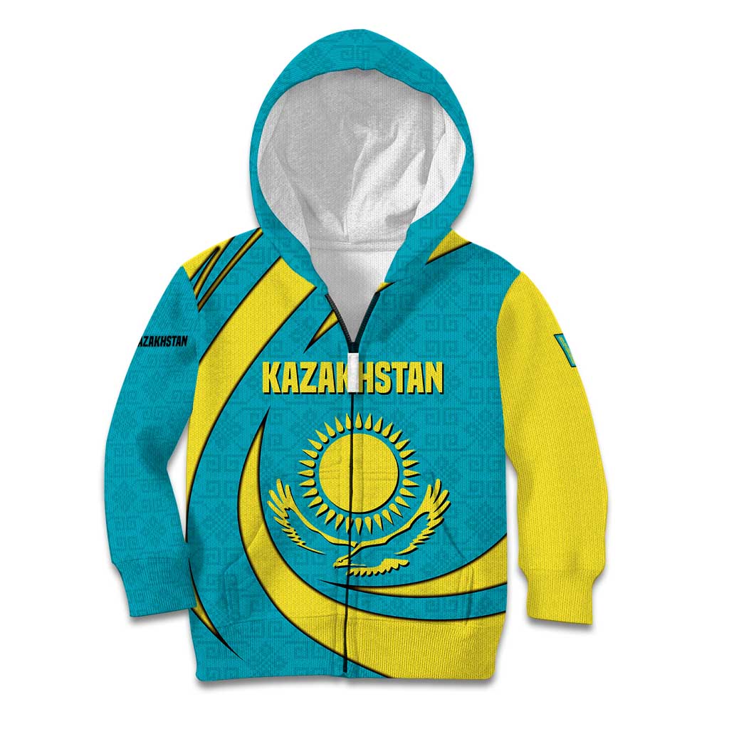 Kazakhstan National Flag Kid Hoodie with Mangilik El Bald Eagle and Blue Tribal Pattern