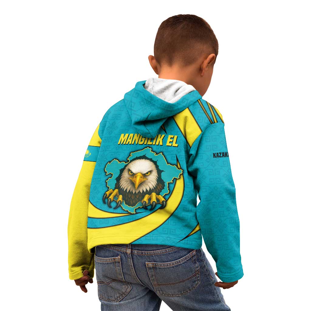 Kazakhstan National Flag Kid Hoodie with Mangilik El Bald Eagle and Blue Tribal Pattern