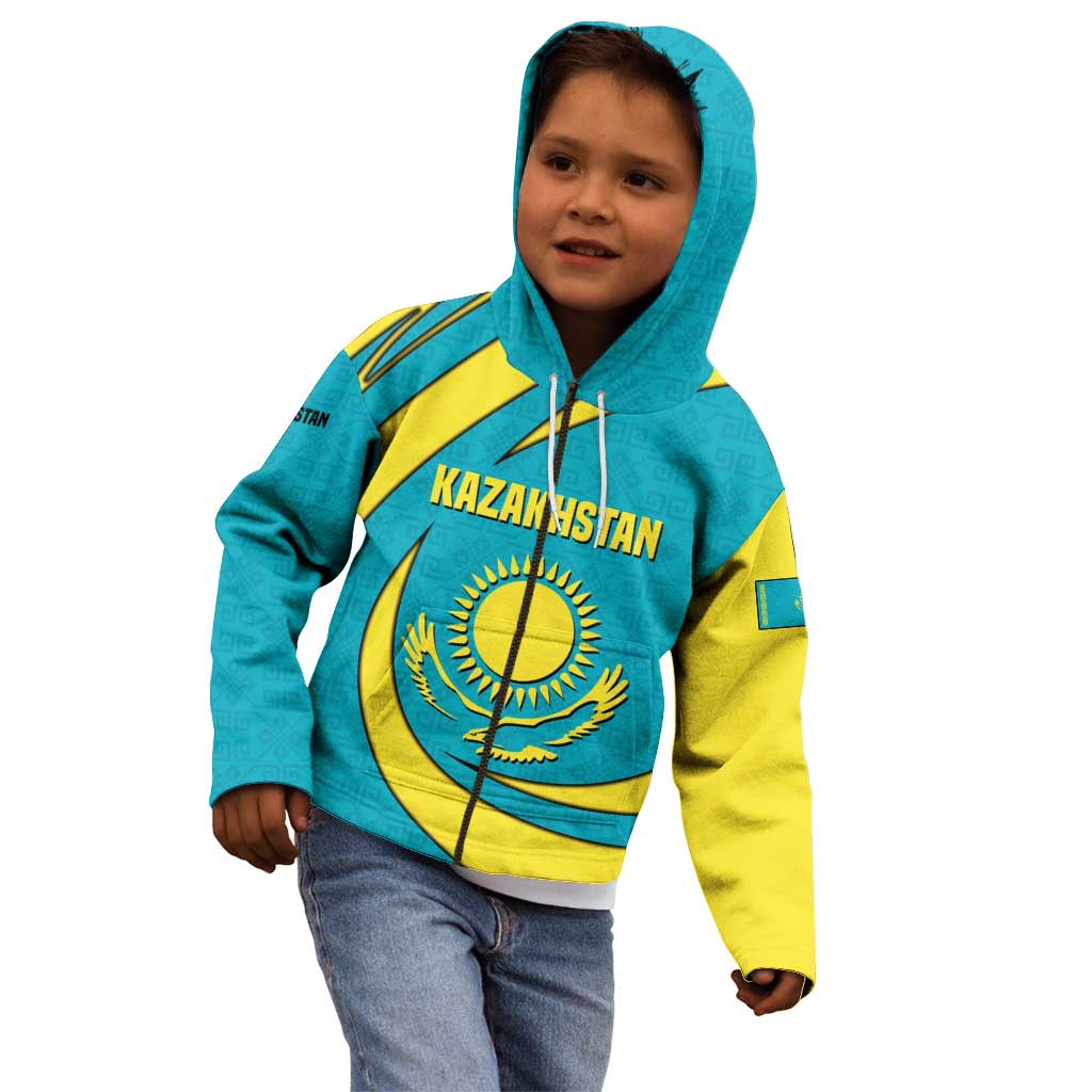 Kazakhstan National Flag Kid Hoodie with Mangilik El Bald Eagle and Blue Tribal Pattern