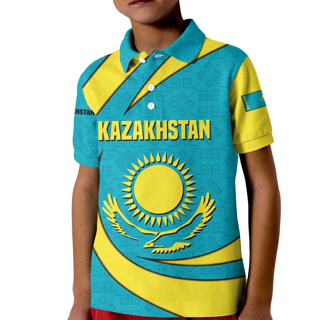 Kazakhstan National Flag Kid Polo Shirt with Mangilik El Bald Eagle and Blue Tribal Pattern