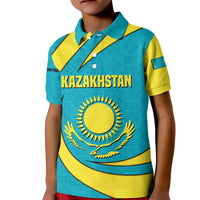 Kazakhstan National Flag Kid Polo Shirt with Mangilik El Bald Eagle and Blue Tribal Pattern