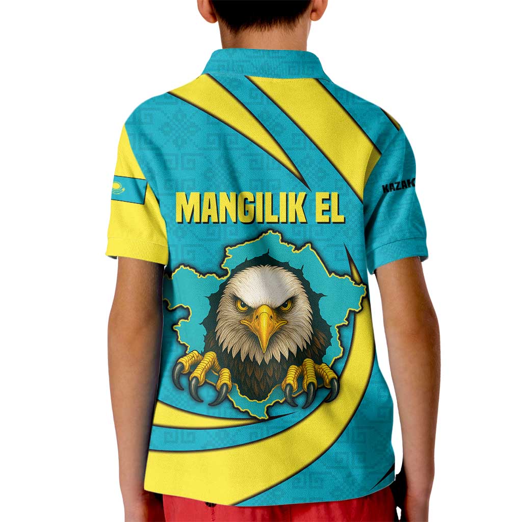 Kazakhstan National Flag Kid Polo Shirt with Mangilik El Bald Eagle and Blue Tribal Pattern