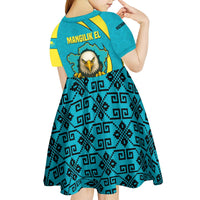 Kazakhstan National Flag Kid Short Sleeve Dress with Mangilik El Bald Eagle and Blue Tribal Pattern