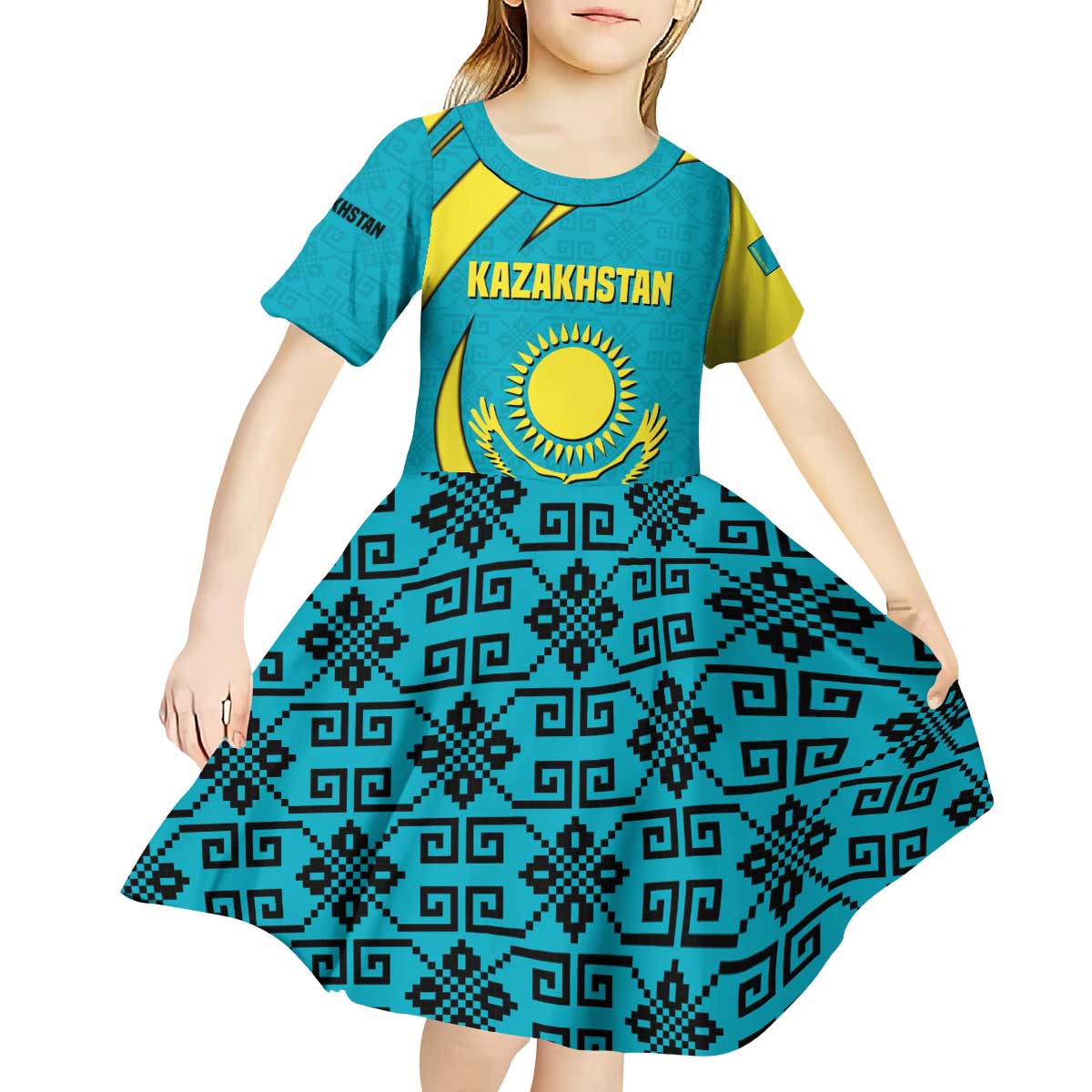 Kazakhstan National Flag Kid Short Sleeve Dress with Mangilik El Bald Eagle and Blue Tribal Pattern