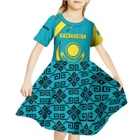 Kazakhstan National Flag Kid Short Sleeve Dress with Mangilik El Bald Eagle and Blue Tribal Pattern