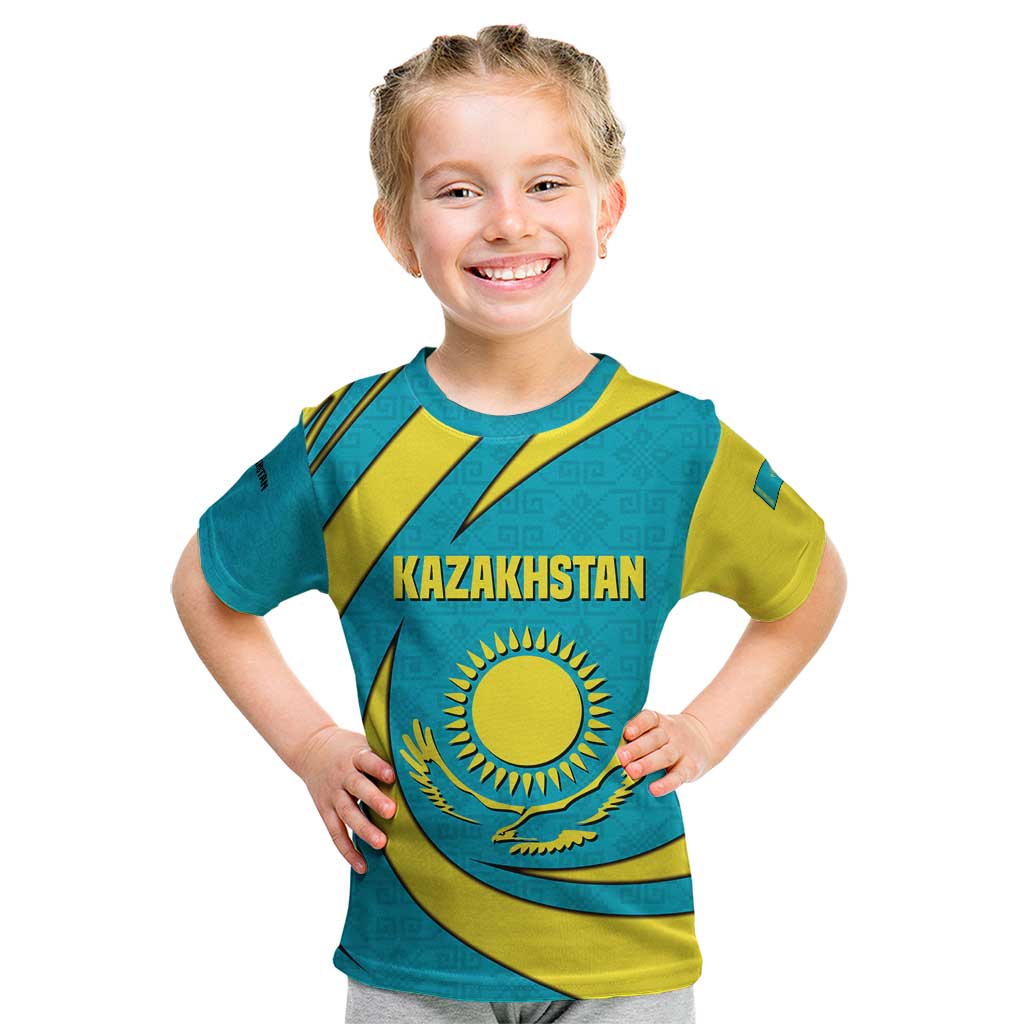Kazakhstan National Flag Kid T Shirt with Mangilik El Bald Eagle and Blue Tribal Pattern