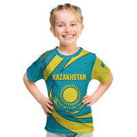 Kazakhstan National Flag Kid T Shirt with Mangilik El Bald Eagle and Blue Tribal Pattern