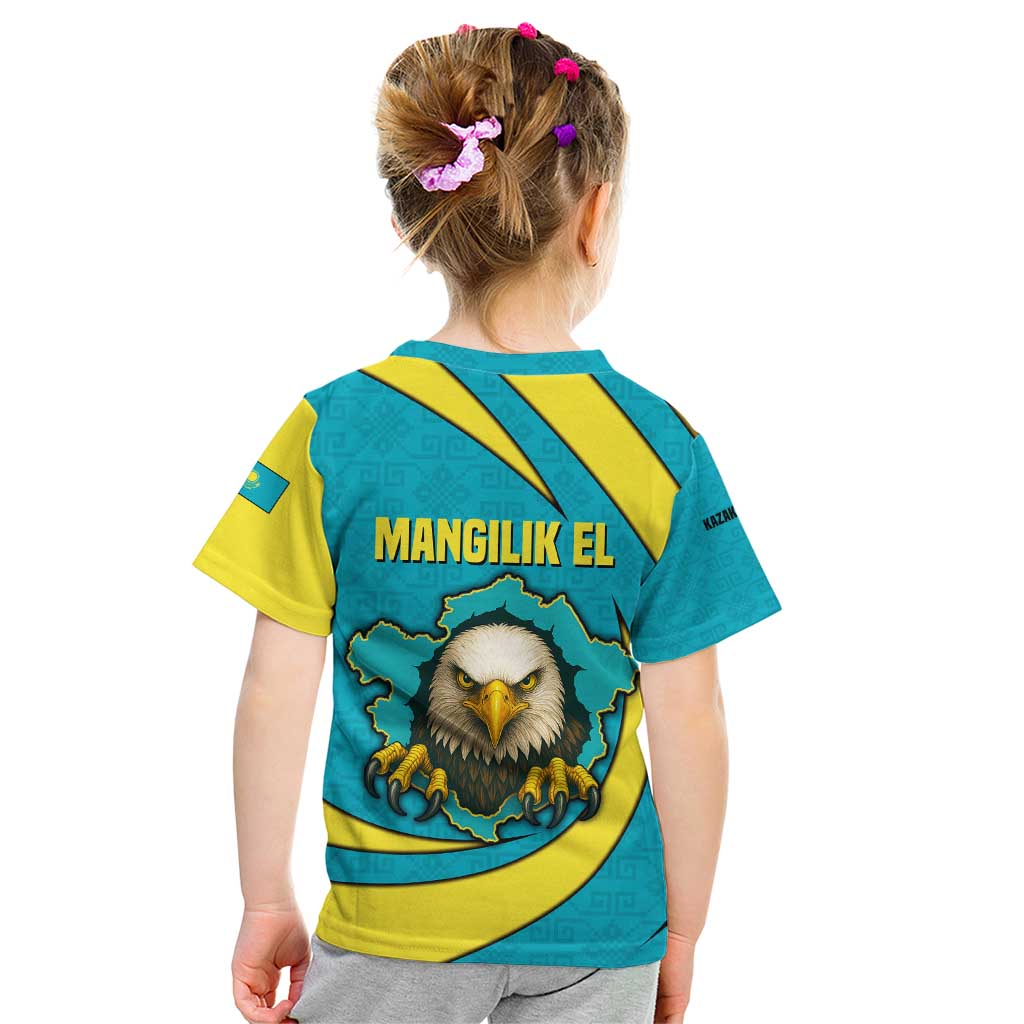 Kazakhstan National Flag Kid T Shirt with Mangilik El Bald Eagle and Blue Tribal Pattern