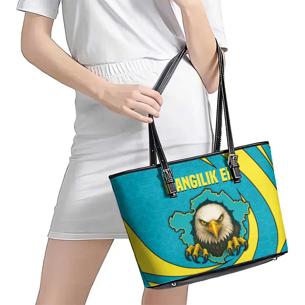 Kazakhstan National Flag Leather Tote Bag with Mangilik El Bald Eagle and Blue Tribal Pattern