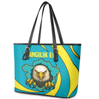 Kazakhstan National Flag Leather Tote Bag with Mangilik El Bald Eagle and Blue Tribal Pattern