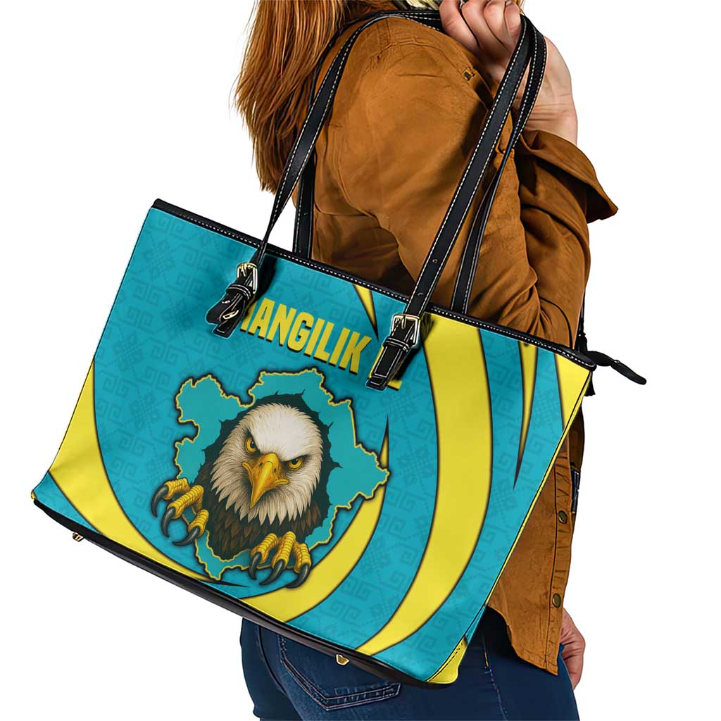 Kazakhstan National Flag Leather Tote Bag with Mangilik El Bald Eagle and Blue Tribal Pattern