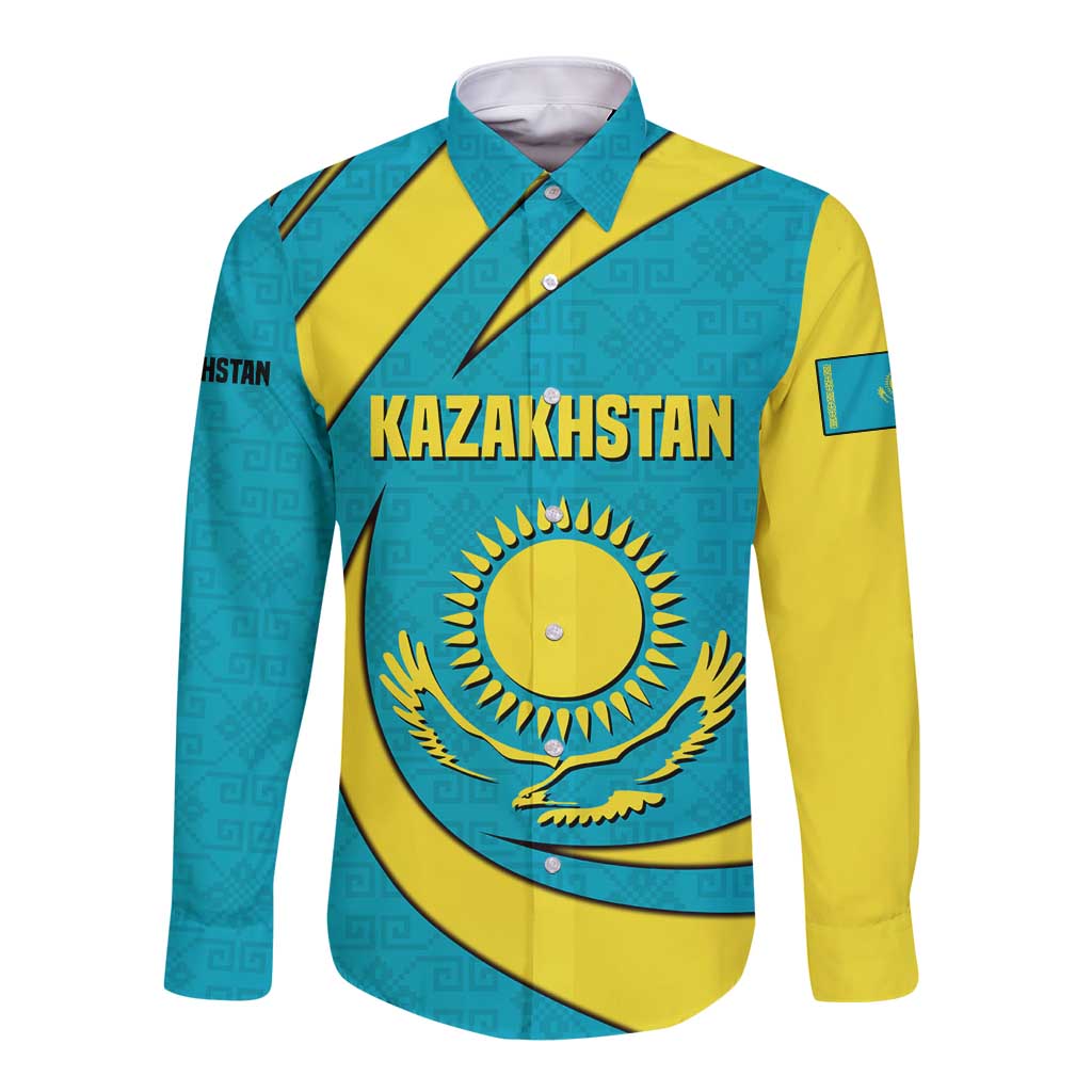 Kazakhstan National Flag Long Sleeve Button Shirt with Mangilik El Bald Eagle and Blue Tribal Pattern