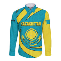 Kazakhstan National Flag Long Sleeve Button Shirt with Mangilik El Bald Eagle and Blue Tribal Pattern