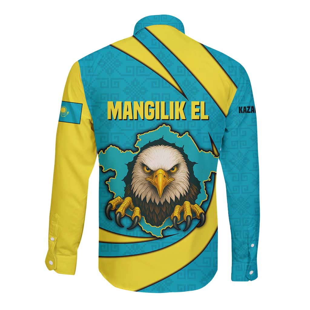 Kazakhstan National Flag Long Sleeve Button Shirt with Mangilik El Bald Eagle and Blue Tribal Pattern
