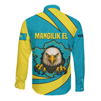 Kazakhstan National Flag Long Sleeve Button Shirt with Mangilik El Bald Eagle and Blue Tribal Pattern