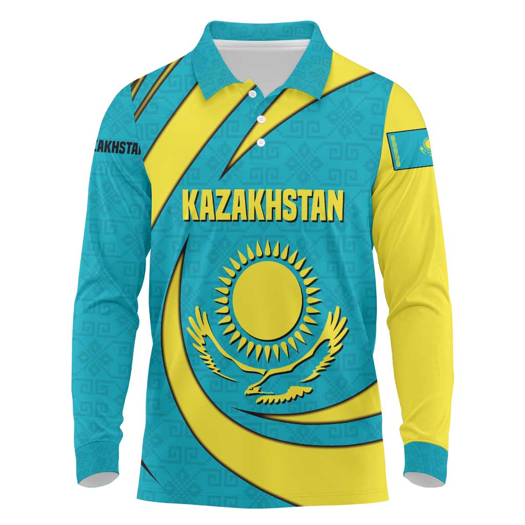 Kazakhstan National Flag Long Sleeve Polo Shirt with Mangilik El Bald Eagle and Blue Tribal Pattern