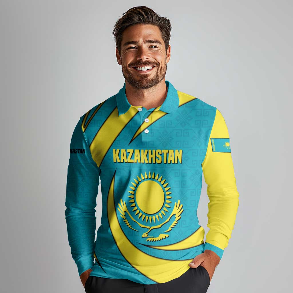 Kazakhstan National Flag Long Sleeve Polo Shirt with Mangilik El Bald Eagle and Blue Tribal Pattern