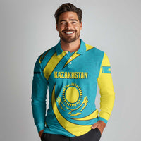 Kazakhstan National Flag Long Sleeve Polo Shirt with Mangilik El Bald Eagle and Blue Tribal Pattern