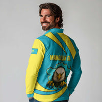 Kazakhstan National Flag Long Sleeve Polo Shirt with Mangilik El Bald Eagle and Blue Tribal Pattern