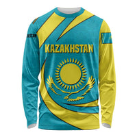 Kazakhstan National Flag Long Sleeve Shirt with Mangilik El Bald Eagle and Blue Tribal Pattern