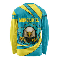 Kazakhstan National Flag Long Sleeve Shirt with Mangilik El Bald Eagle and Blue Tribal Pattern