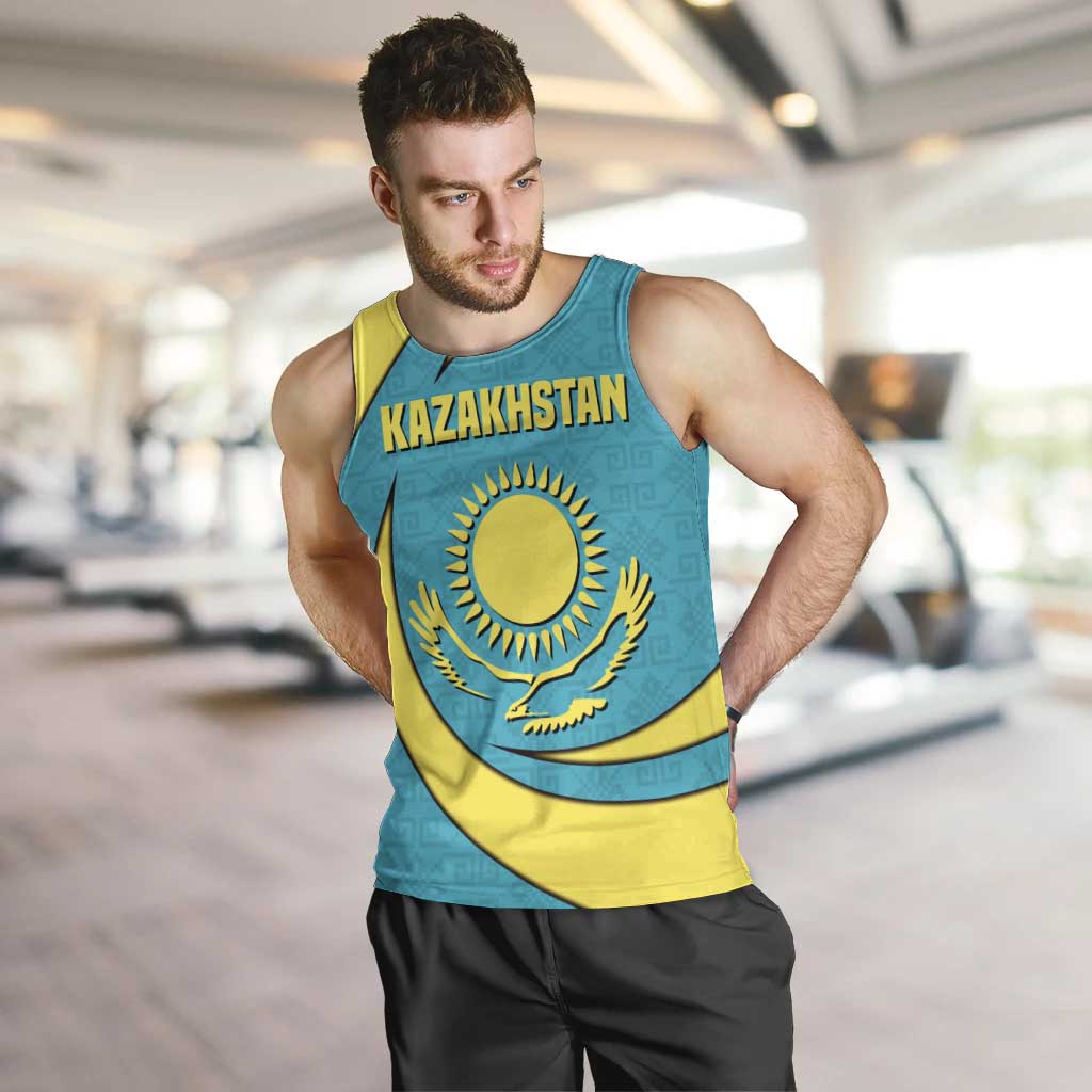 Kazakhstan National Flag Men Tank Top with Mangilik El Bald Eagle and Blue Tribal Pattern