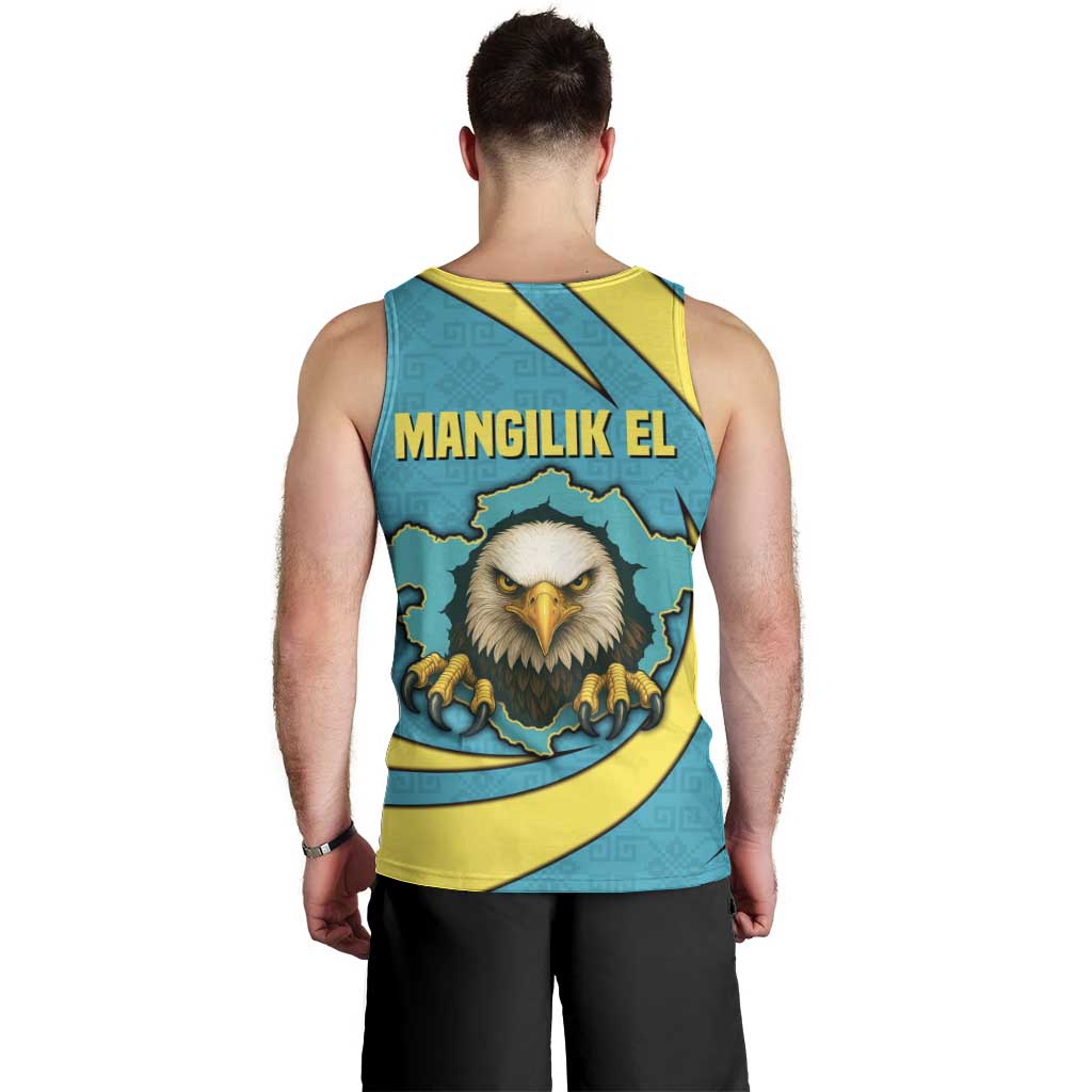 Kazakhstan National Flag Men Tank Top with Mangilik El Bald Eagle and Blue Tribal Pattern