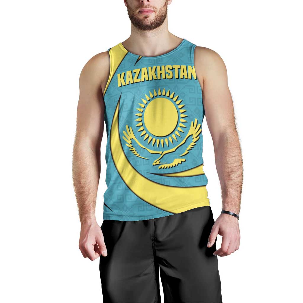 Kazakhstan National Flag Men Tank Top with Mangilik El Bald Eagle and Blue Tribal Pattern