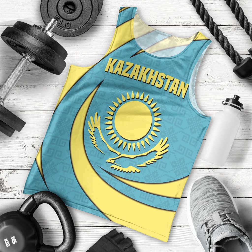 Kazakhstan National Flag Men Tank Top with Mangilik El Bald Eagle and Blue Tribal Pattern