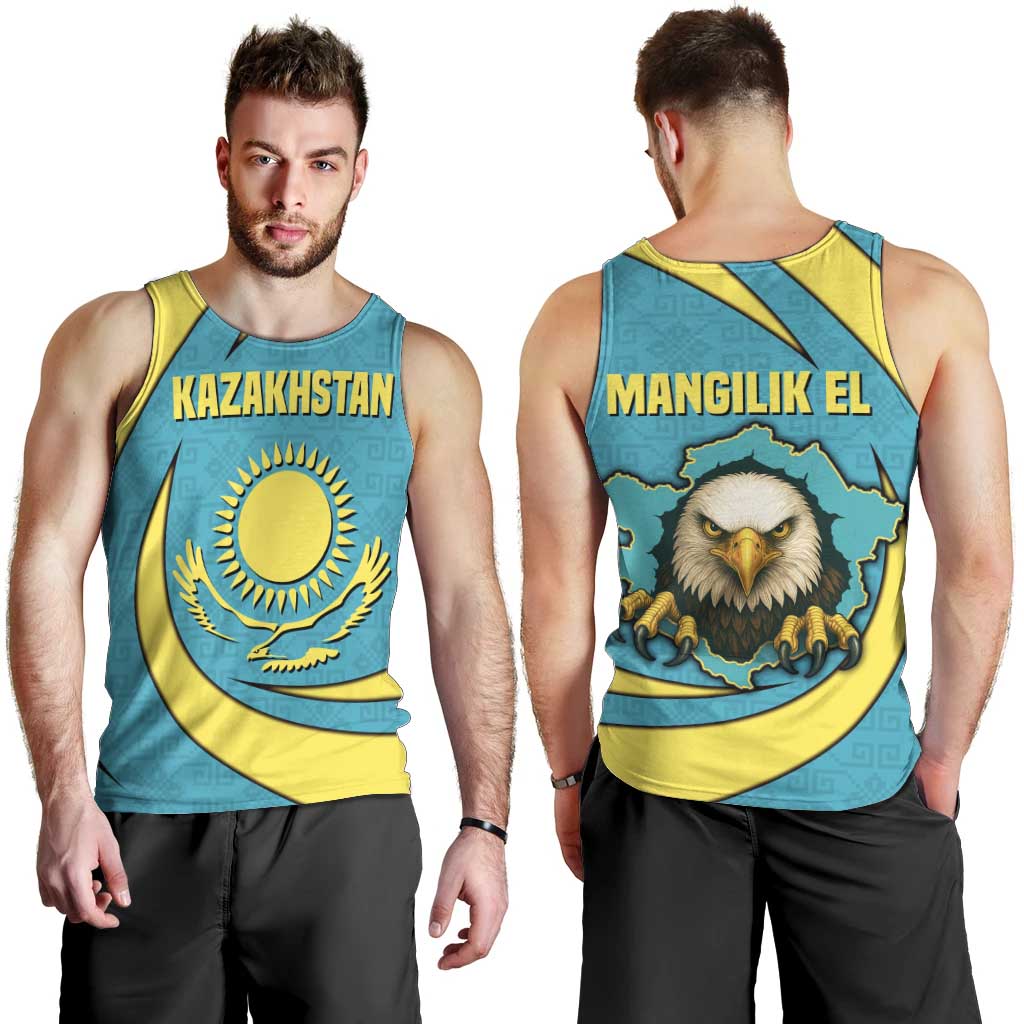 Kazakhstan National Flag Men Tank Top with Mangilik El Bald Eagle and Blue Tribal Pattern