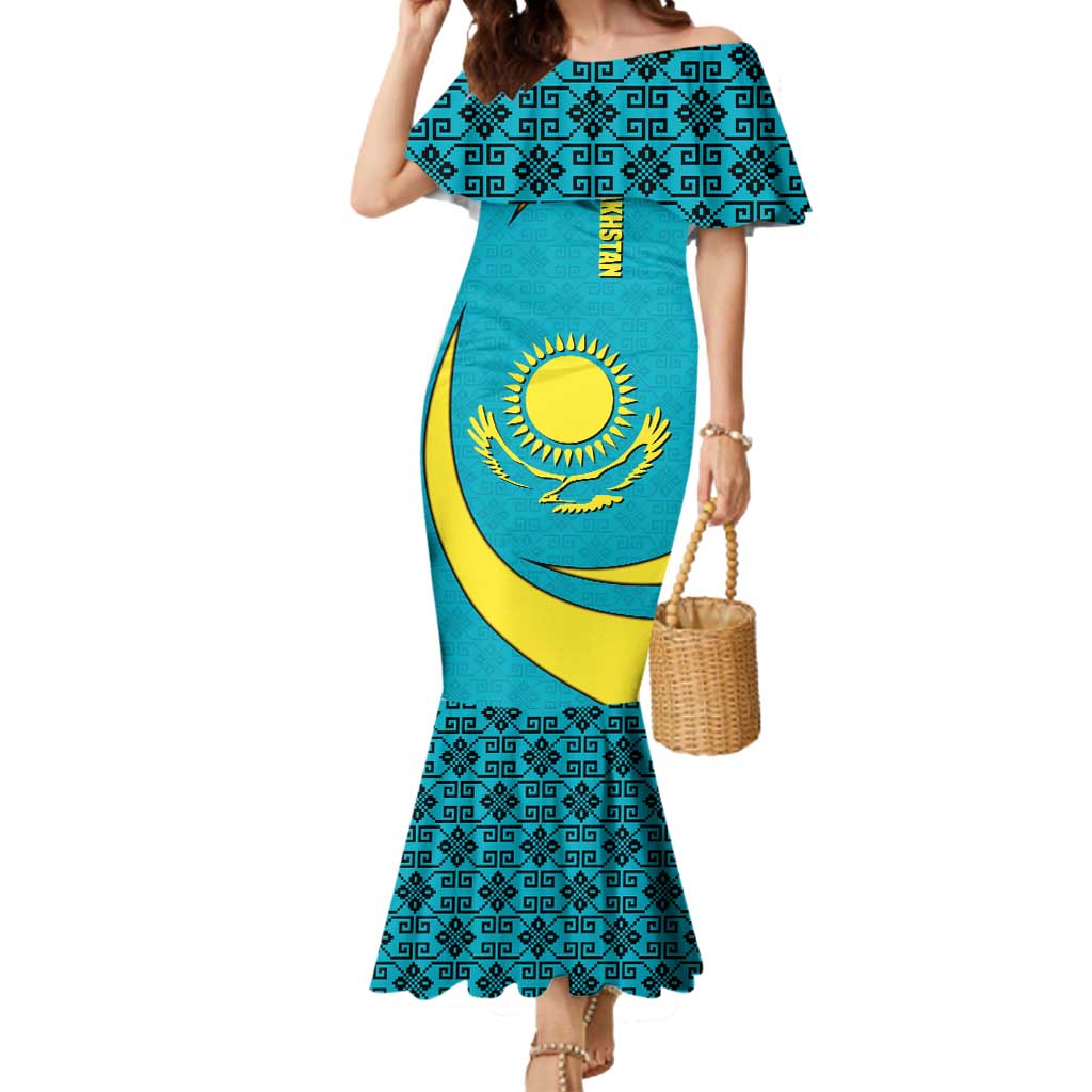 Kazakhstan National Flag Mermaid Dress with Mangilik El Bald Eagle and Blue Tribal Pattern