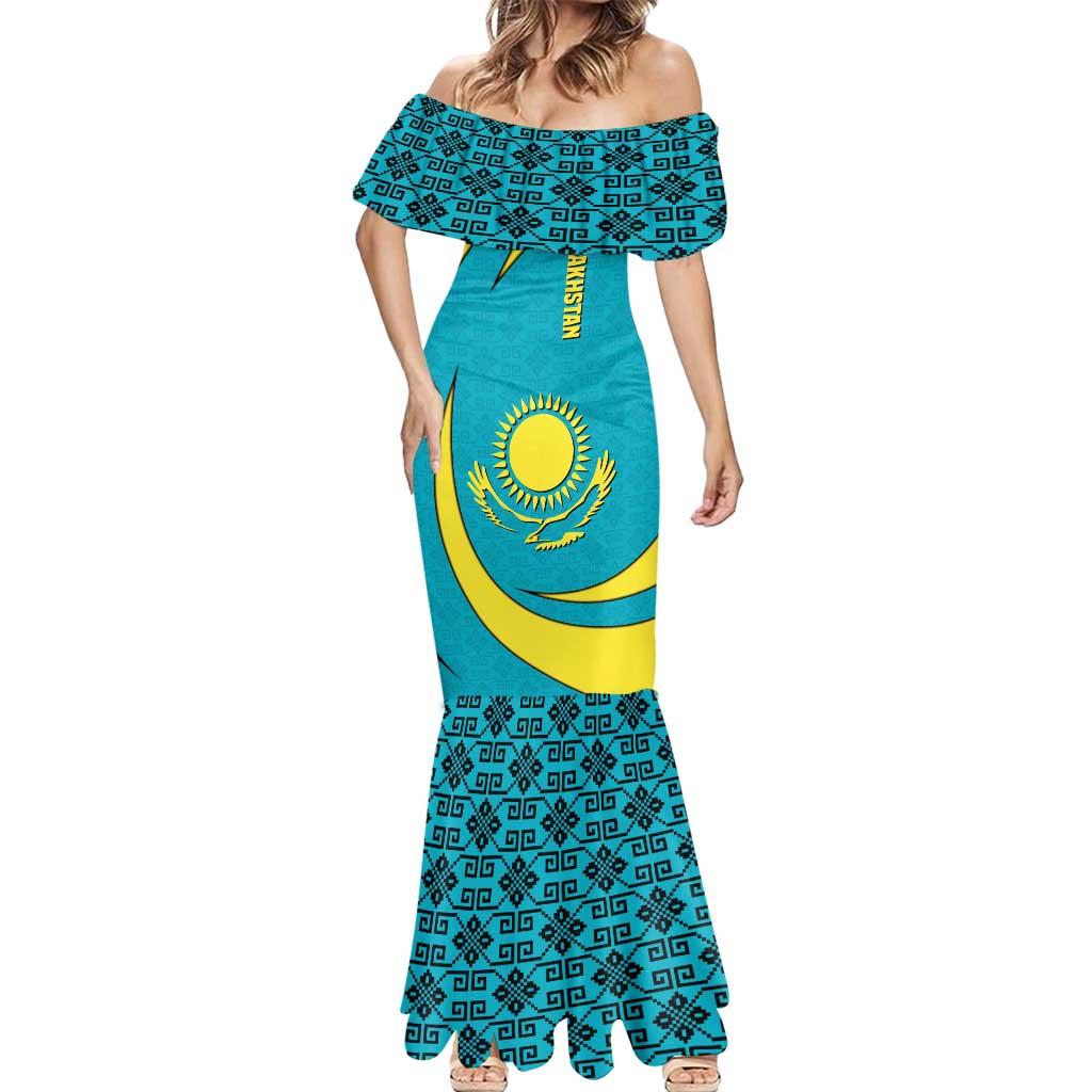 Kazakhstan National Flag Mermaid Dress with Mangilik El Bald Eagle and Blue Tribal Pattern