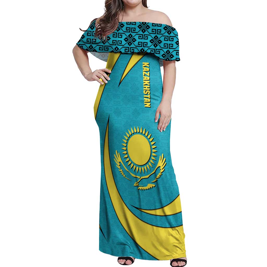 Kazakhstan National Flag Off Shoulder Maxi Dress with Mangilik El Bald Eagle and Blue Tribal Pattern