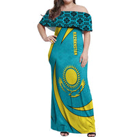 Kazakhstan National Flag Off Shoulder Maxi Dress with Mangilik El Bald Eagle and Blue Tribal Pattern