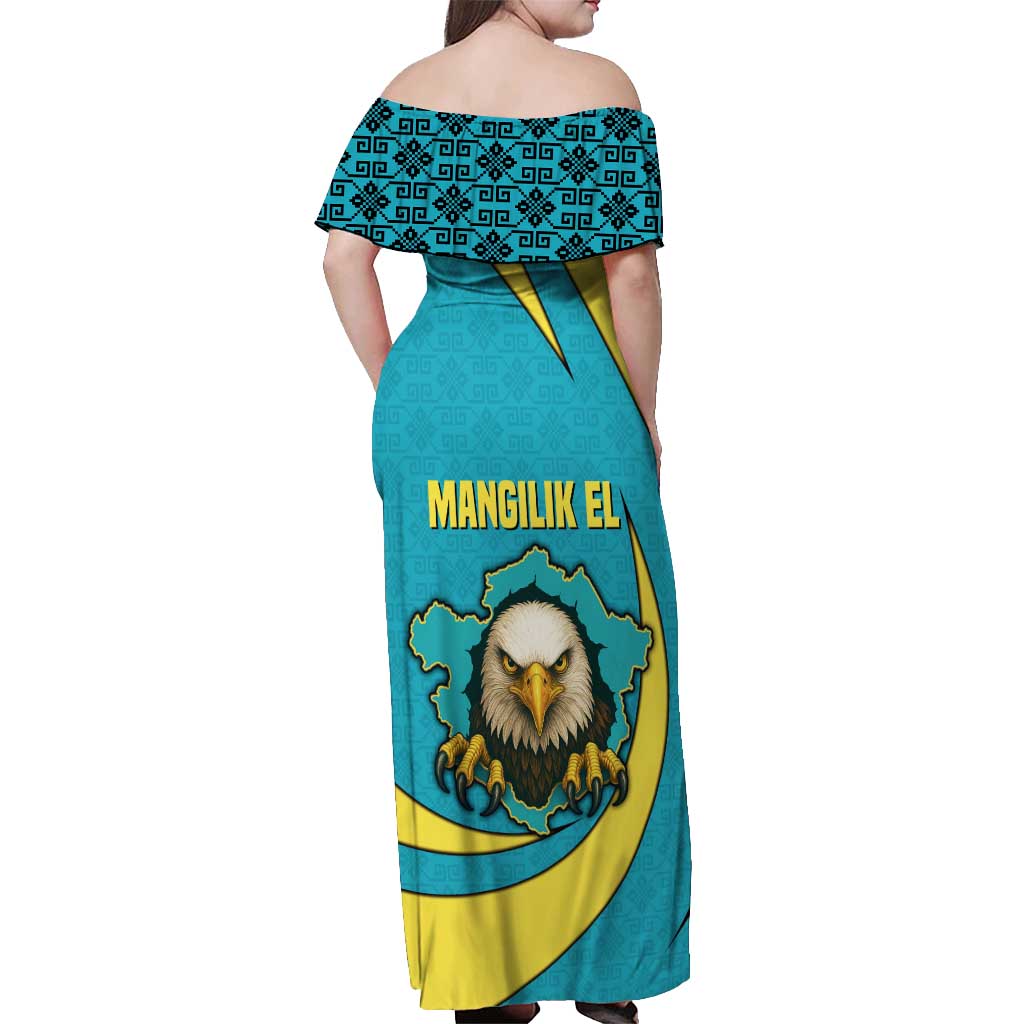 Kazakhstan National Flag Off Shoulder Maxi Dress with Mangilik El Bald Eagle and Blue Tribal Pattern