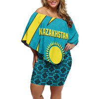 Kazakhstan National Flag Off Shoulder Short Dress with Mangilik El Bald Eagle and Blue Tribal Pattern