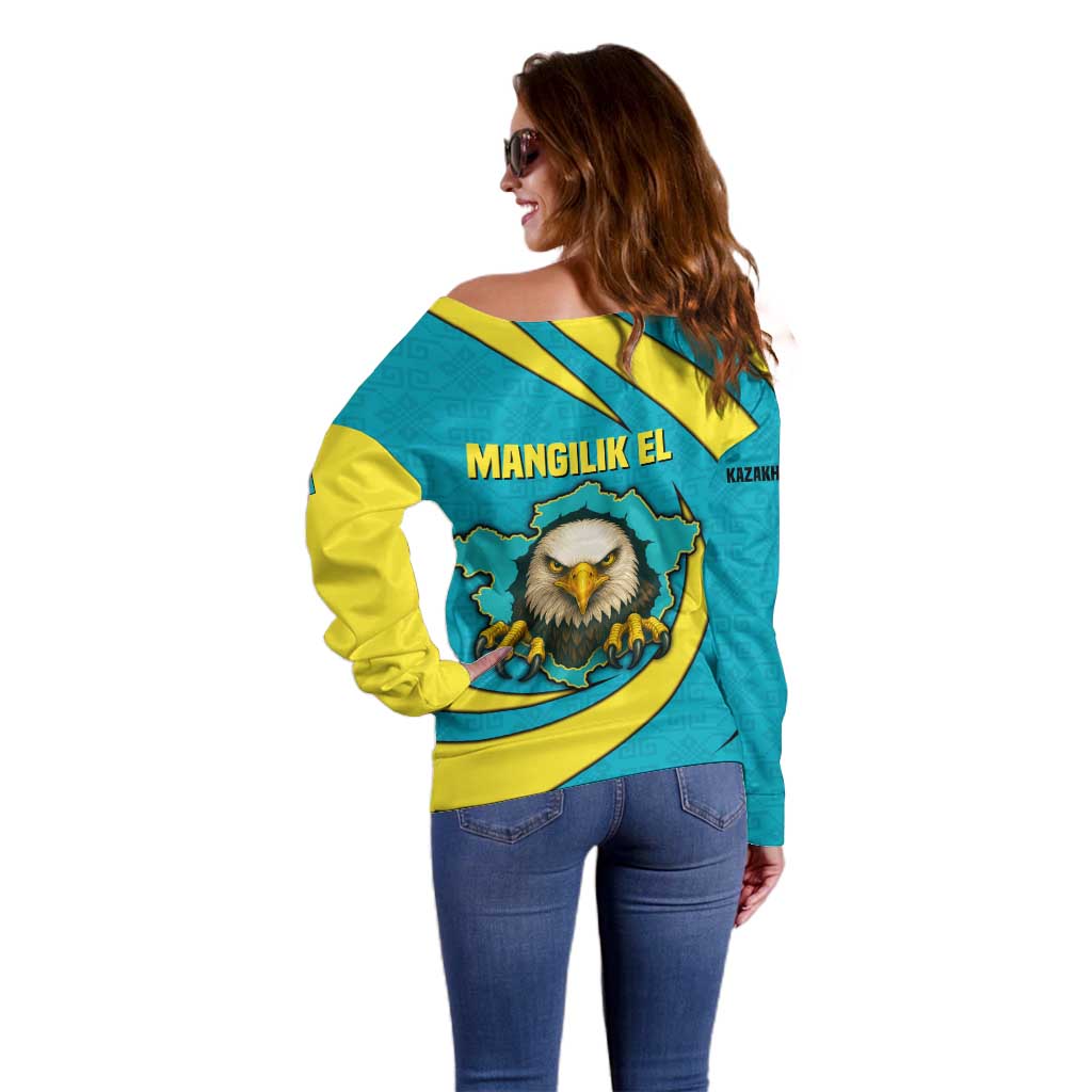 Kazakhstan National Flag Off Shoulder Sweater with Mangilik El Bald Eagle and Blue Tribal Pattern